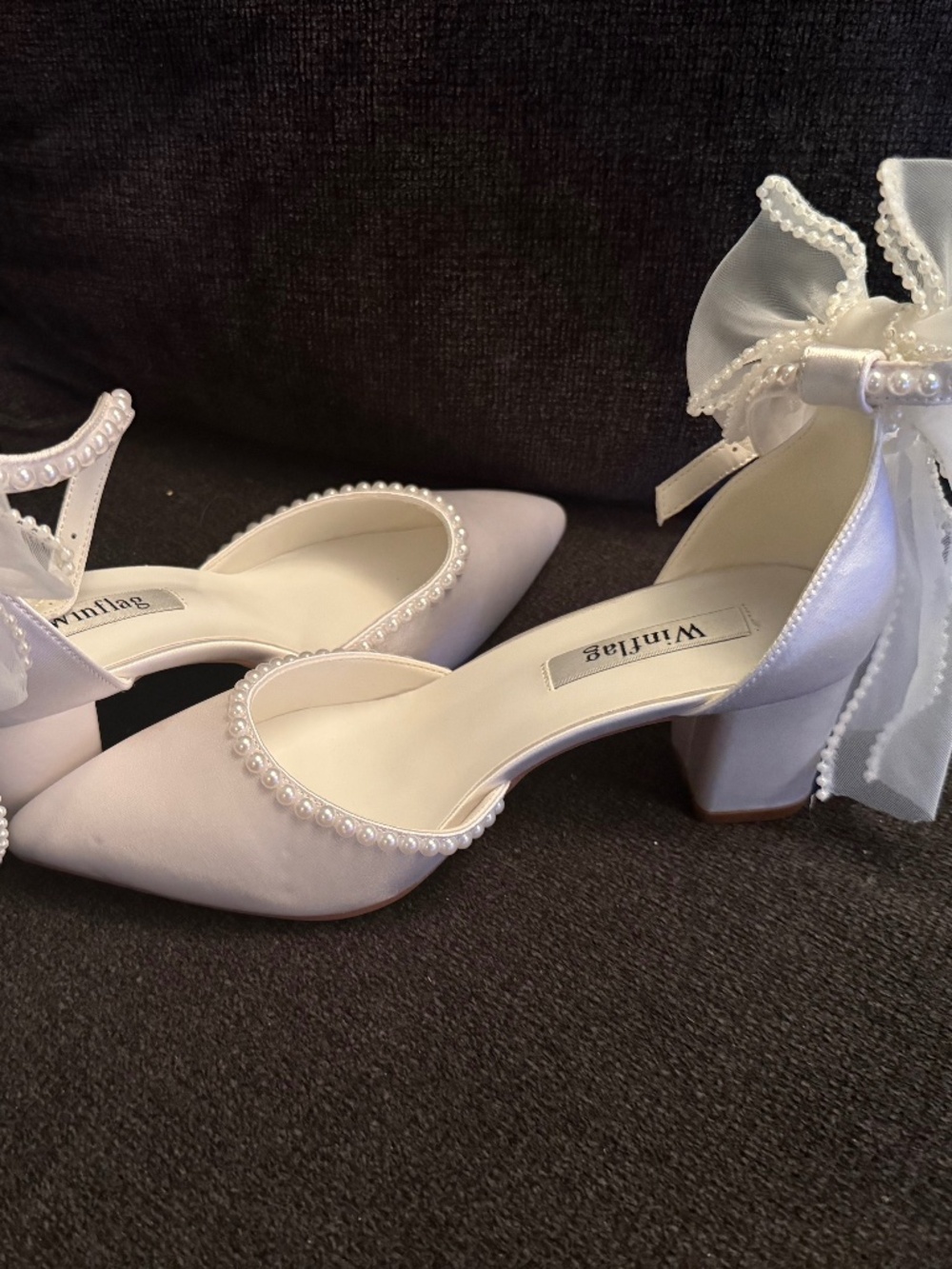 White Satin Pearl Embellished Heels, Size 7